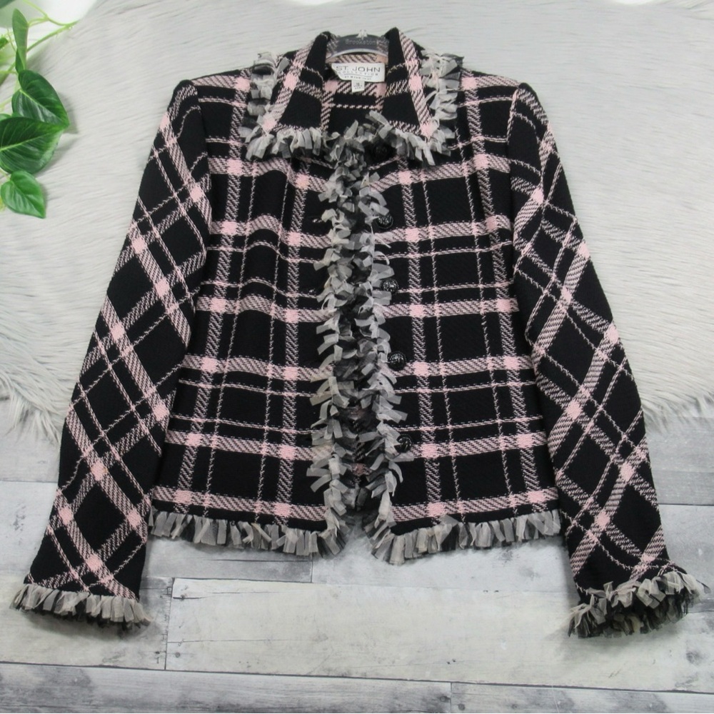 ST. JOHN Santana Knit Pink & Black Plaid Mesh-Fringe Trim Jacket Blazer Size 10 - Picture 2 of 15